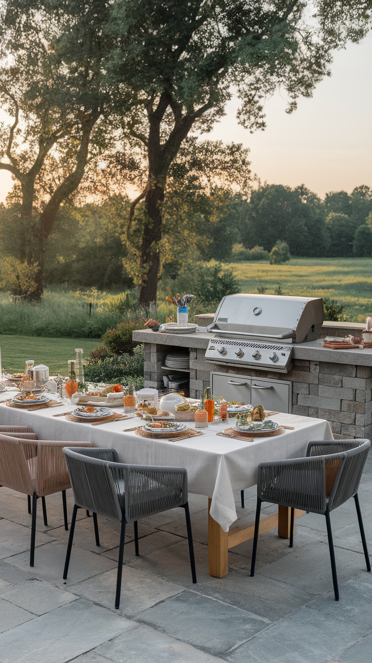 A backyard dining area with a table set for a meal, featuring a grill in the background.