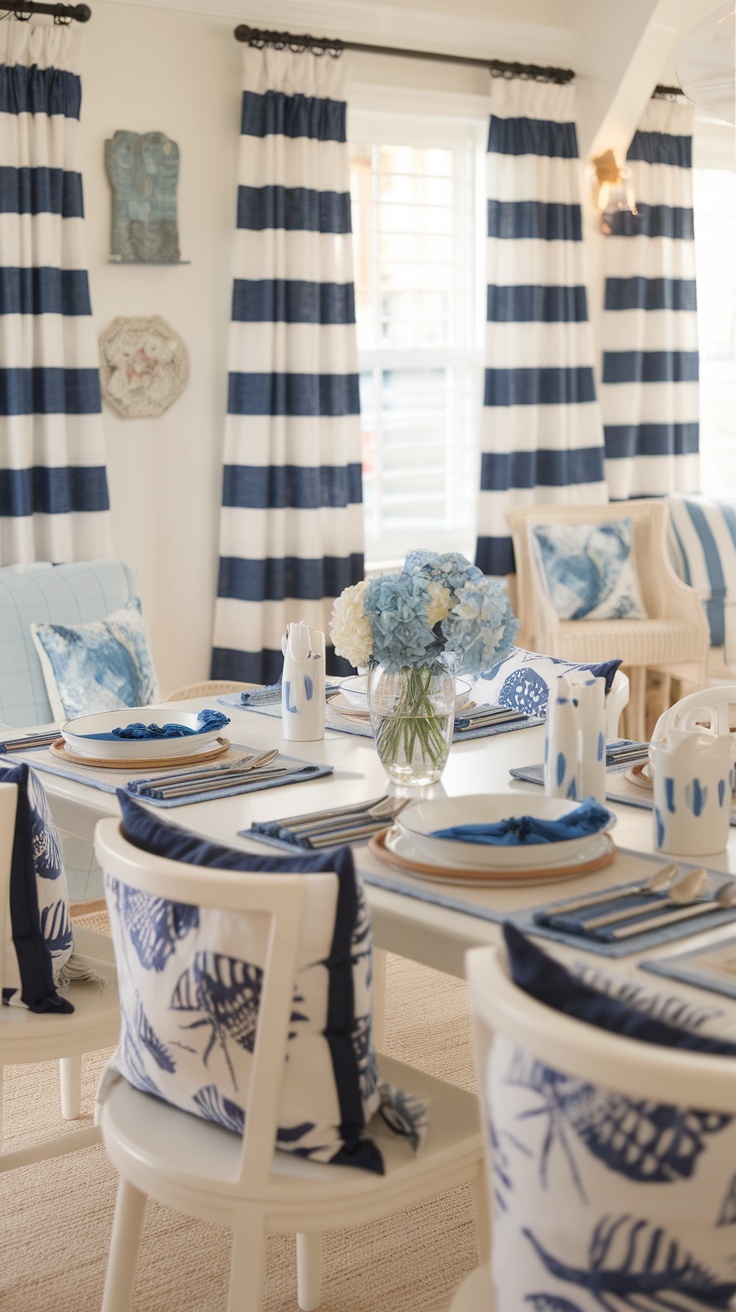 A coastal styled dining room featuring striped curtains, floral arrangements, and patterned pillows.