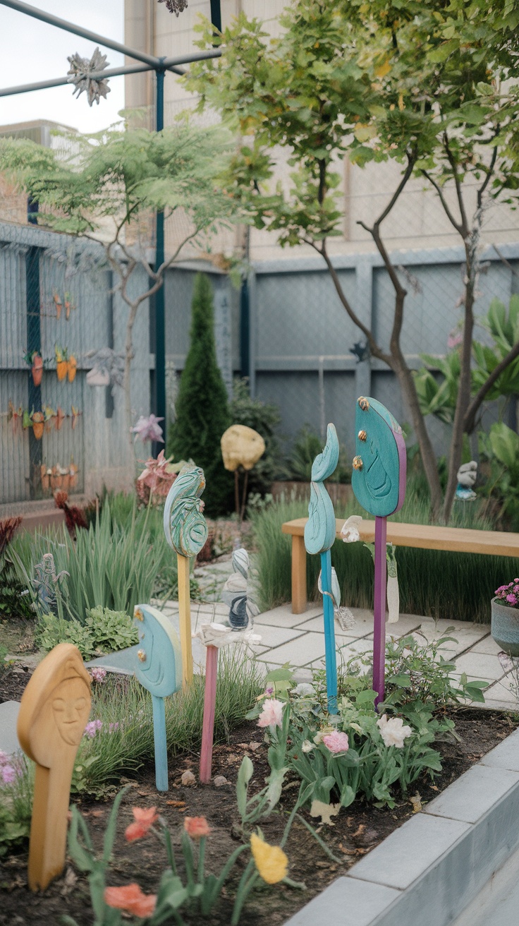 Colorful garden art sculptures adding personality to a small garden.