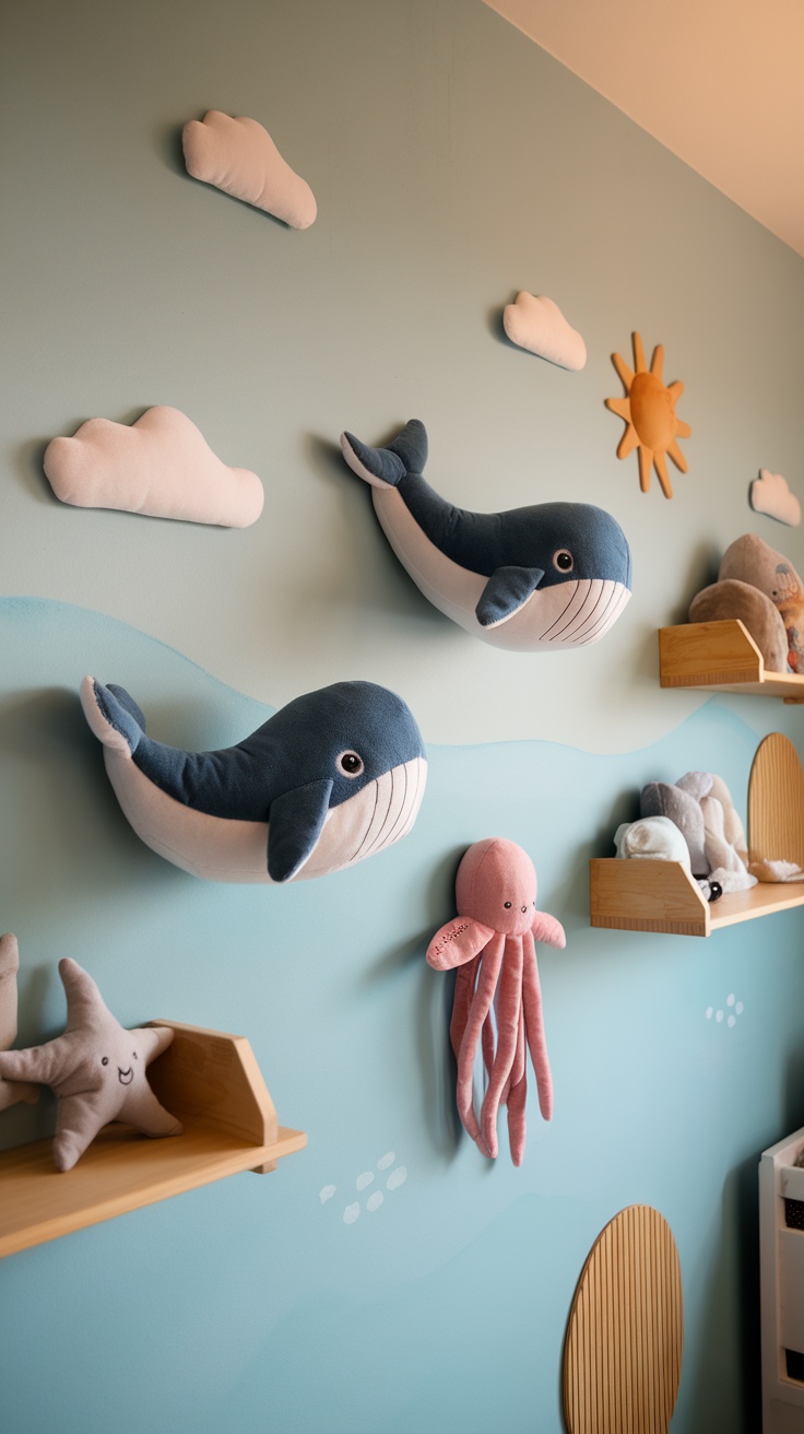 A wall in a nursery decorated with plush marine animals including whales, an octopus, and a starfish.