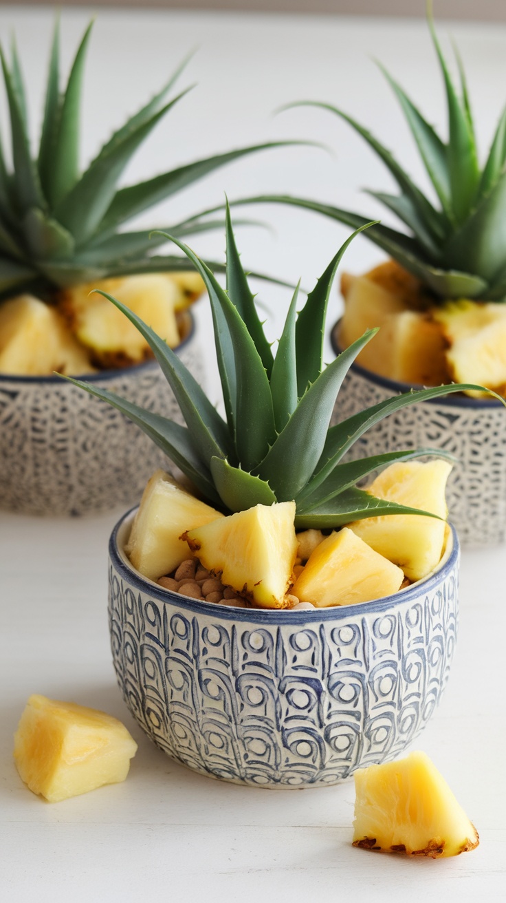Aloe vera plant in a decorative bowl with pineapple chunks