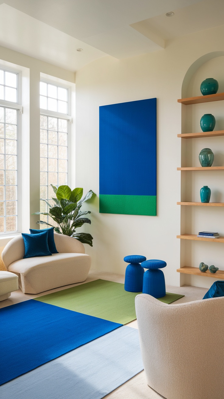 A bright blue and green living room with a large artwork and colorful accessories.