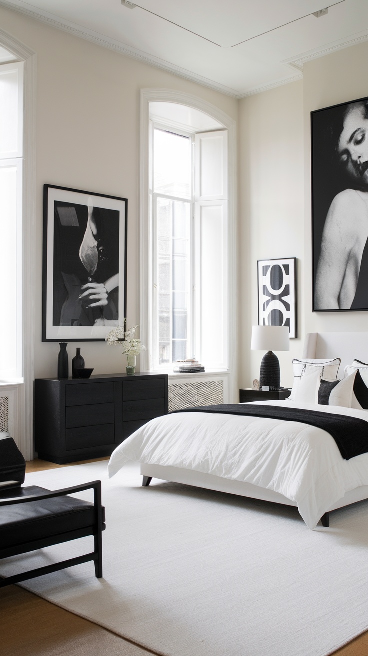 A stylish bedroom featuring monochrome art on the walls, with a black and white color scheme.