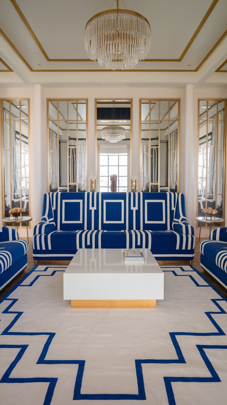 A stylish Art Deco living room featuring blue and white striped sofas, a white coffee table, and decorative mirrors.