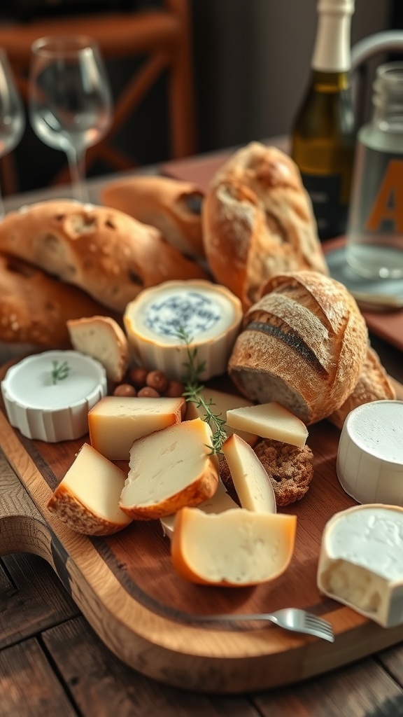 Artisan bread and cheese display on a wooden board with olives and nuts.