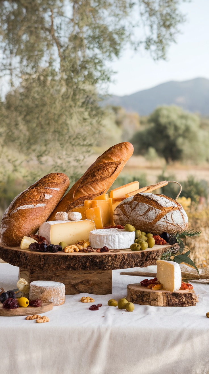 A beautiful display of artisan breads and various cheeses on a wooden board outdoors.