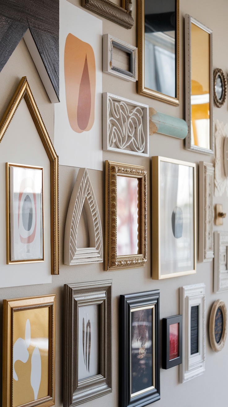 A variety of artistic frames displayed on a gallery wall, showcasing different styles and colors.