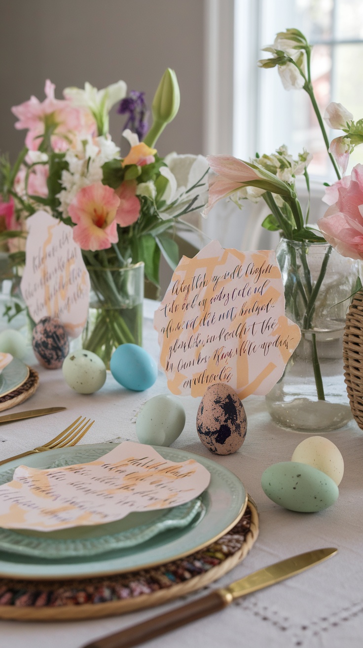 Easter table setting with artistic place cards and decorative eggs