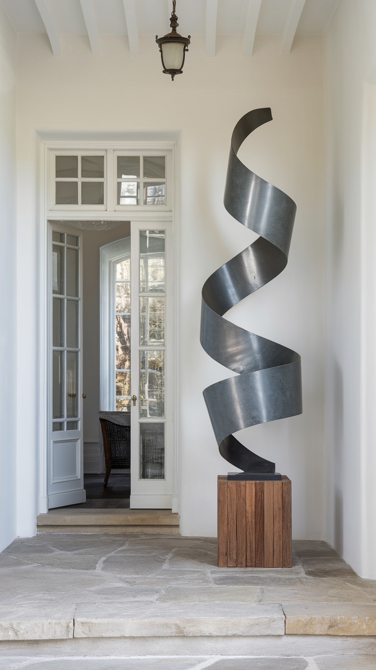 An artistic metal sculpture spirals upward in a modern entryway.