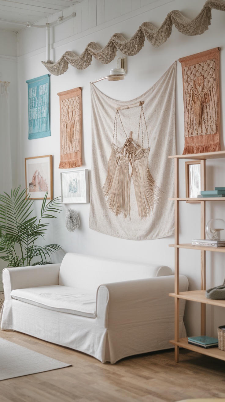 Artistic wall hangings in a boho beach house setting, showcasing various textures and colors.