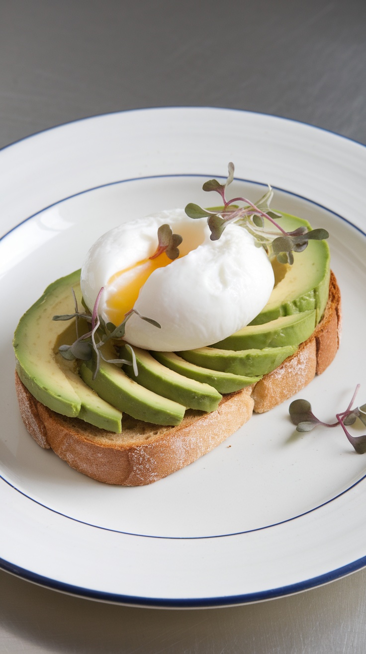 Avocado toast topped with a poached egg and microgreens on a plate.