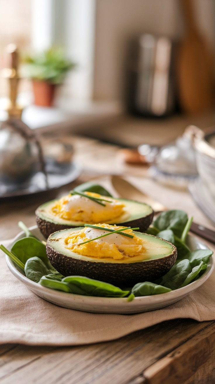 Baked avocado eggs served on a plate with spinach