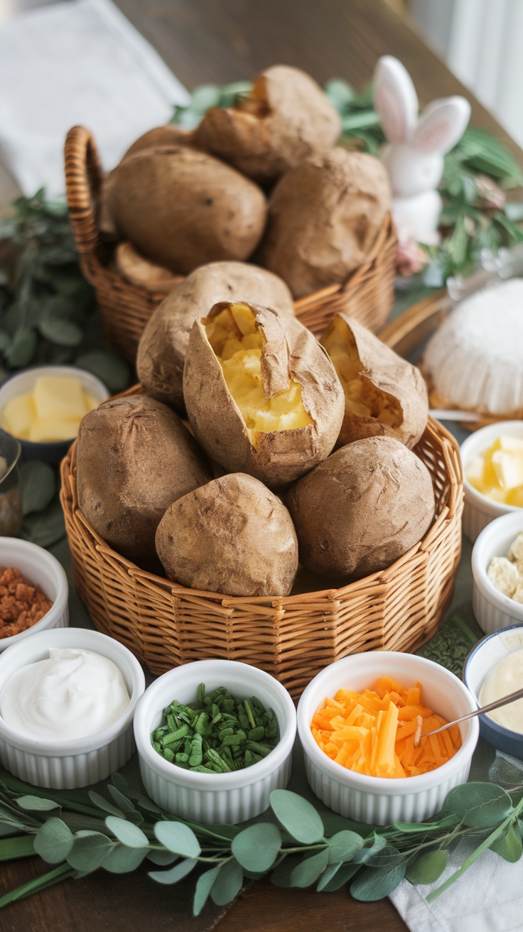 A basket filled with baked potatoes surrounded by various toppings like cheese, sour cream, and chives.