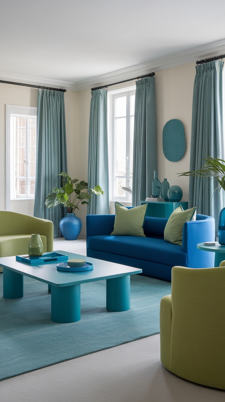 A bright and muted blue and green living room with comfortable furniture.