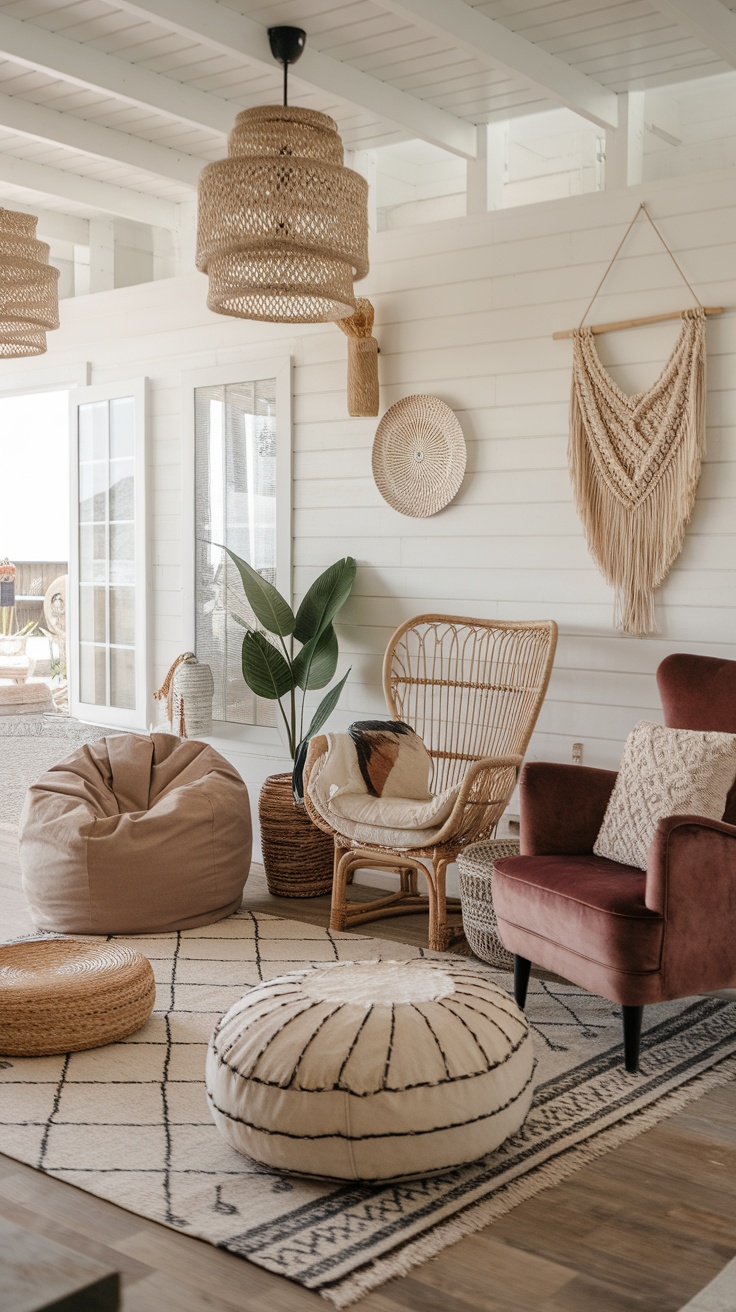 A cozy boho beach house interior featuring poufs, a rattan chair, and natural decor.