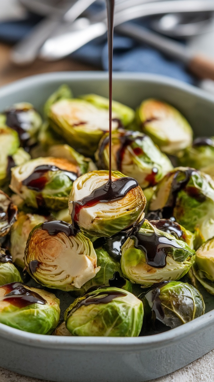 A close-up of roasted Brussels sprouts drizzled with balsamic glaze.