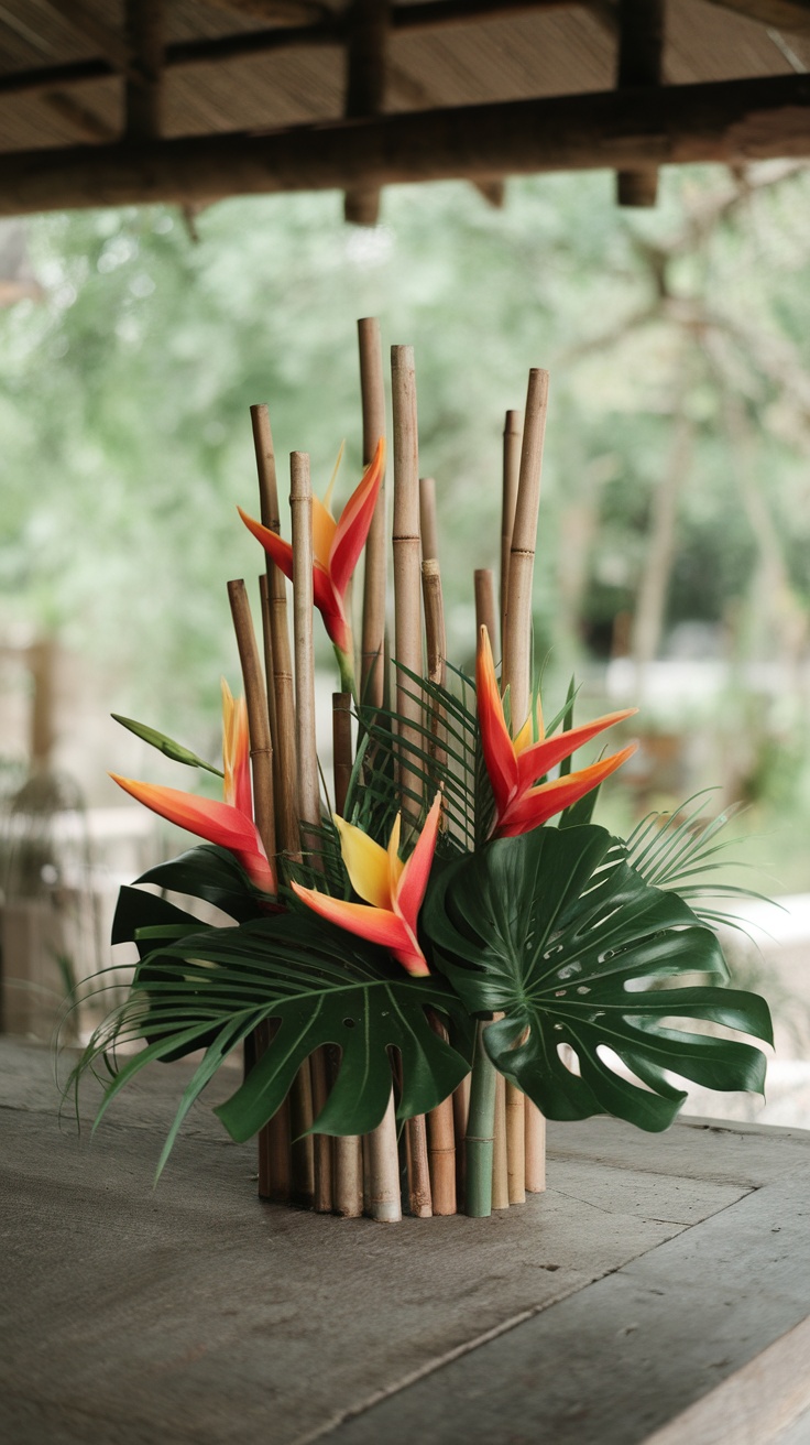 A bamboo and floral centerpiece featuring bright tropical flowers and large green leaves.
