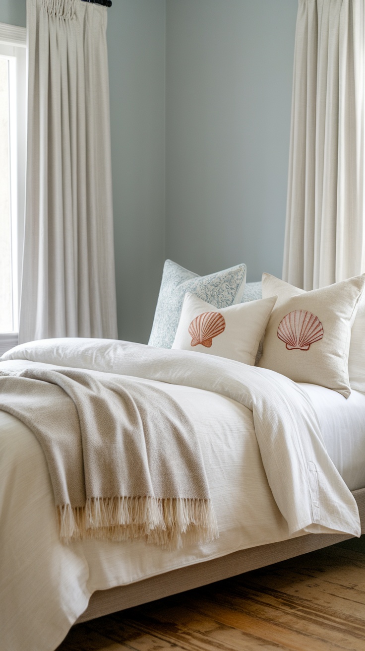 Coastal cowgirl bedroom with beach-inspired textiles including shell-patterned pillows and soft linens.