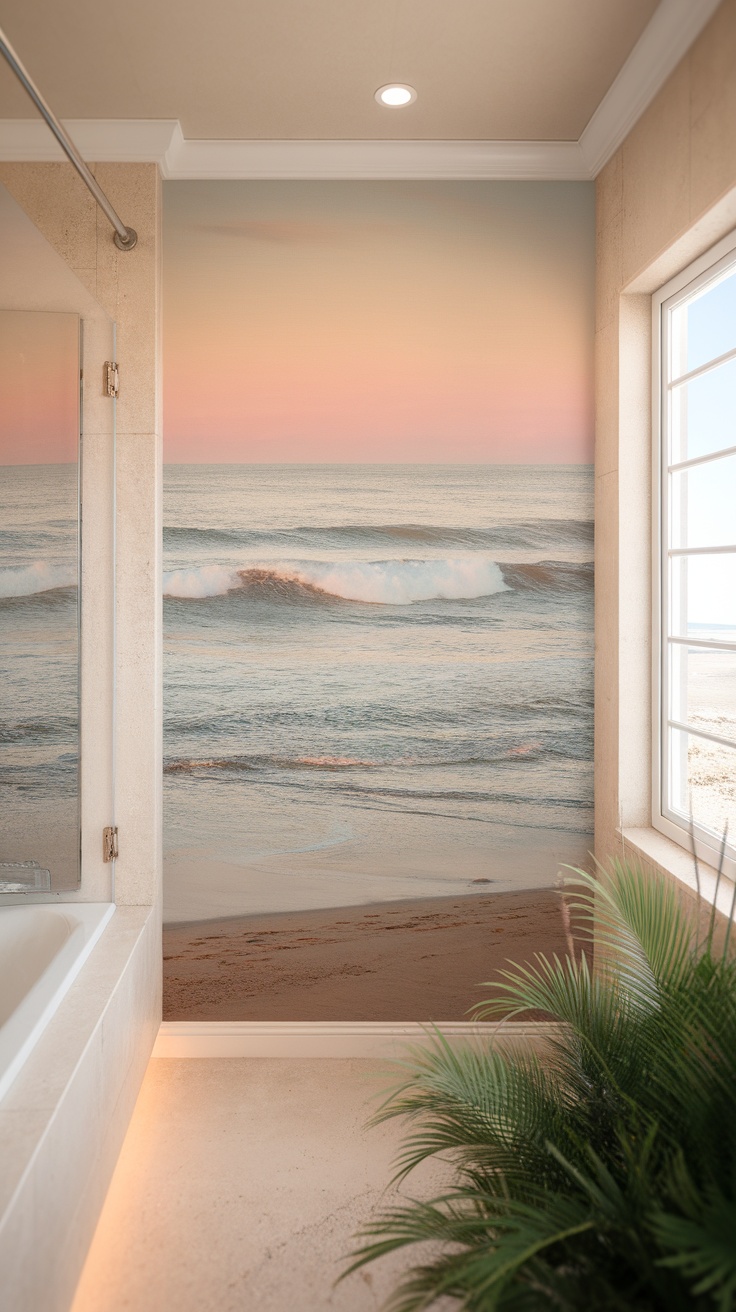 A coastal-themed bathroom featuring a mural of waves and a sunset.