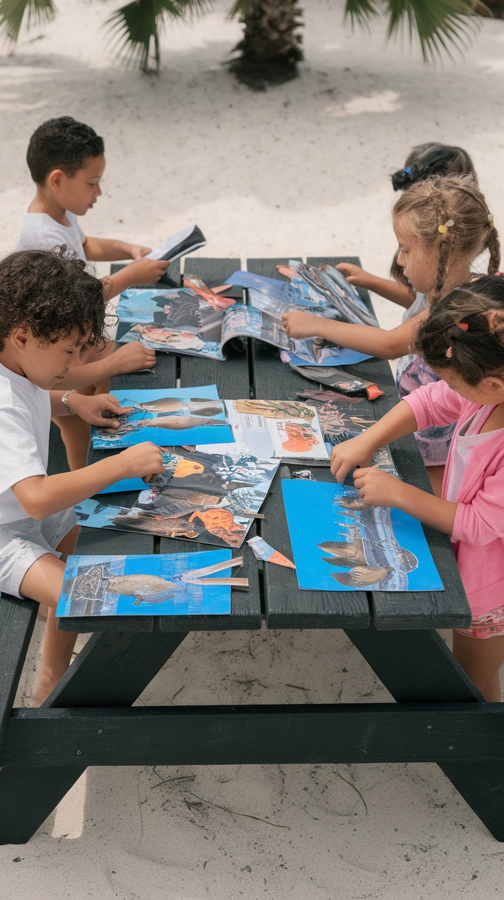 Kids creating beach-themed collages at a picnic table with magazines and colorful papers.