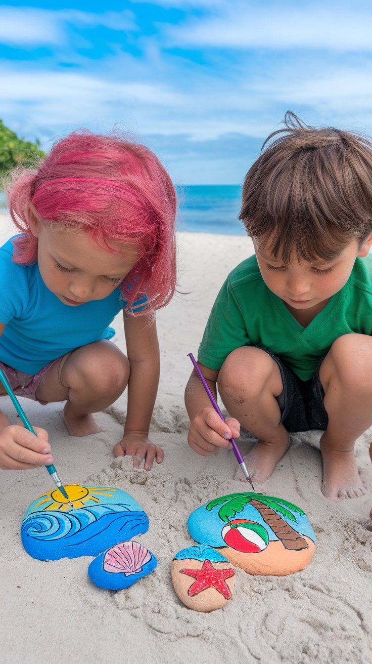 Children painting colorful beach-themed designs on stones while sitting on the sand.