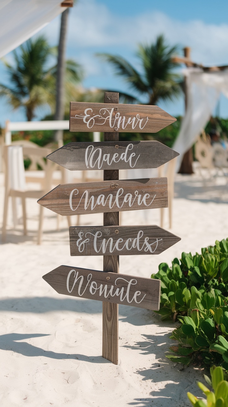 Wooden directional signs with elegant lettering on a beach