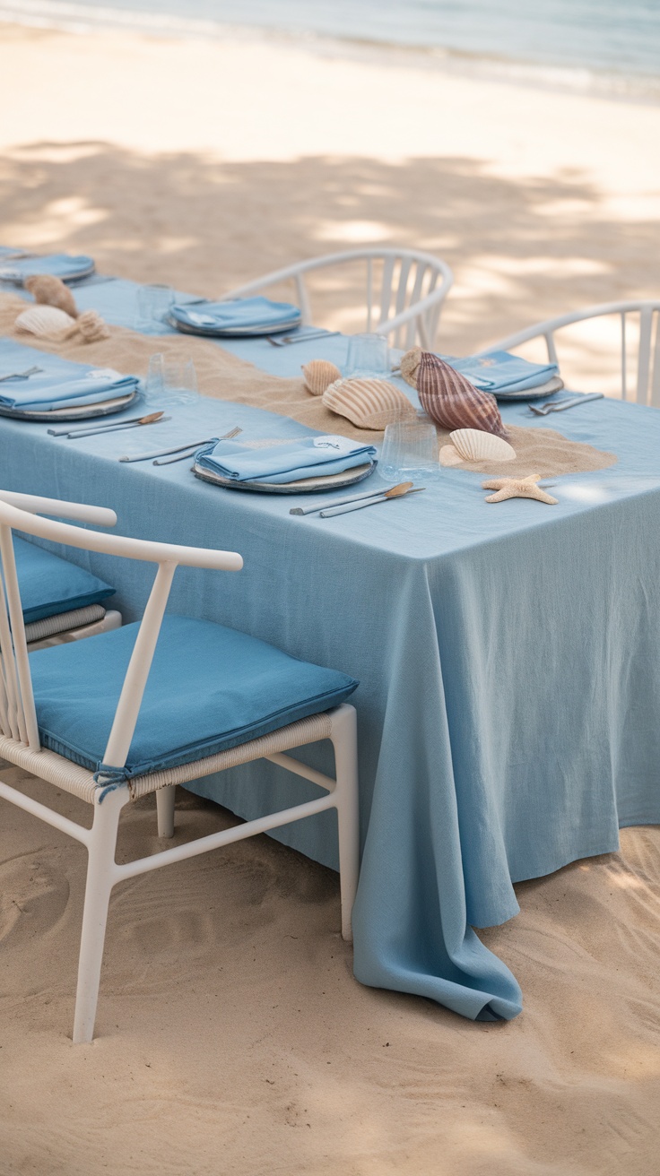 Beach themed table setting with blue tablecloth, seashells, and a serene ocean backdrop.