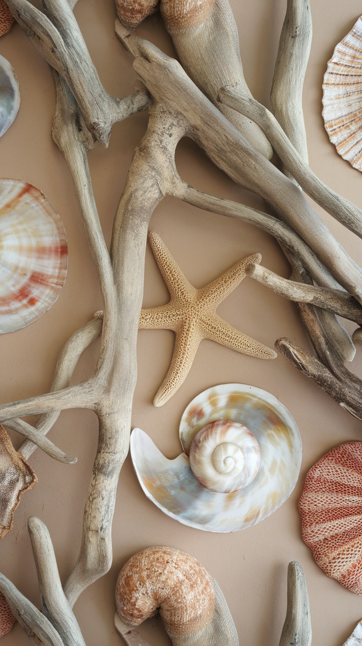 A collection of seashells and driftwood arranged on a neutral background.