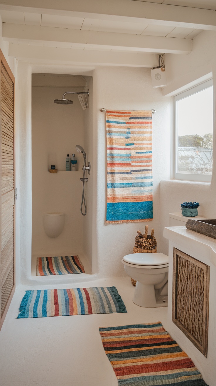 A coastal bathroom featuring colorful striped rugs and a modern shower area.