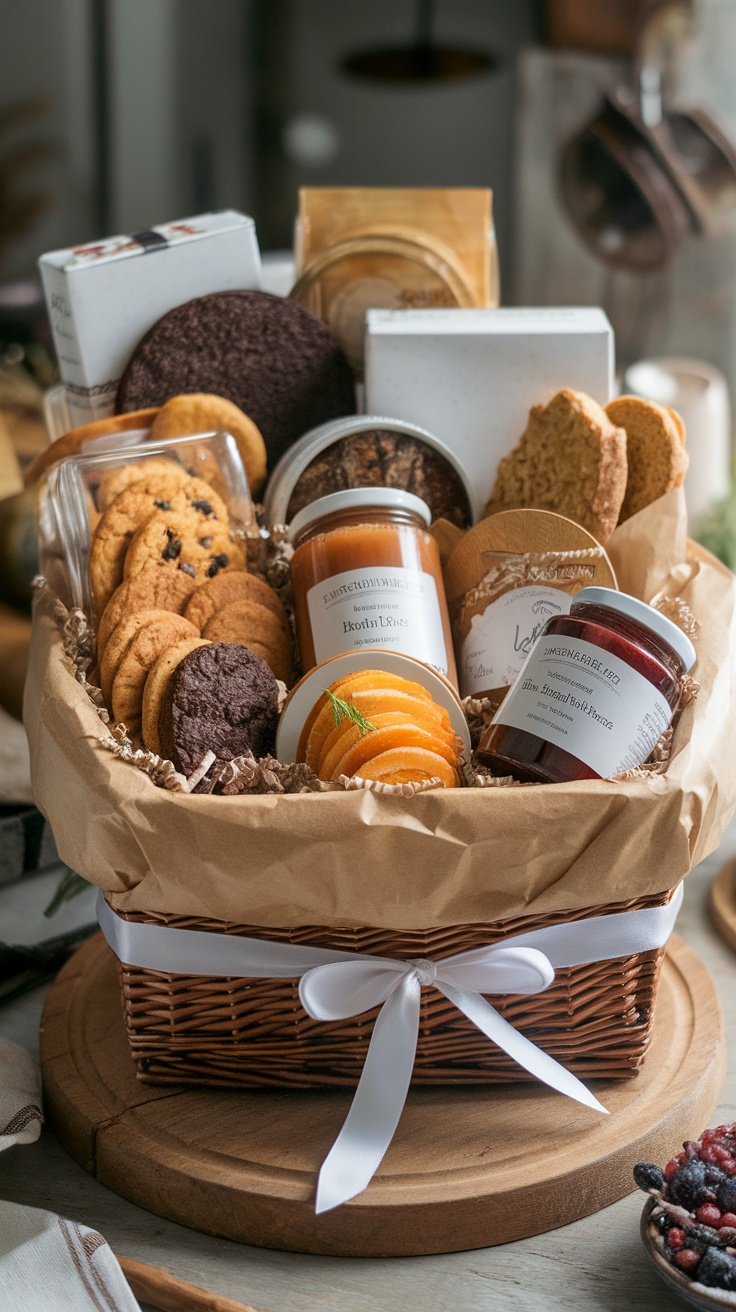 A beautifully wrapped gift basket filled with cookies, jams, and snacks.