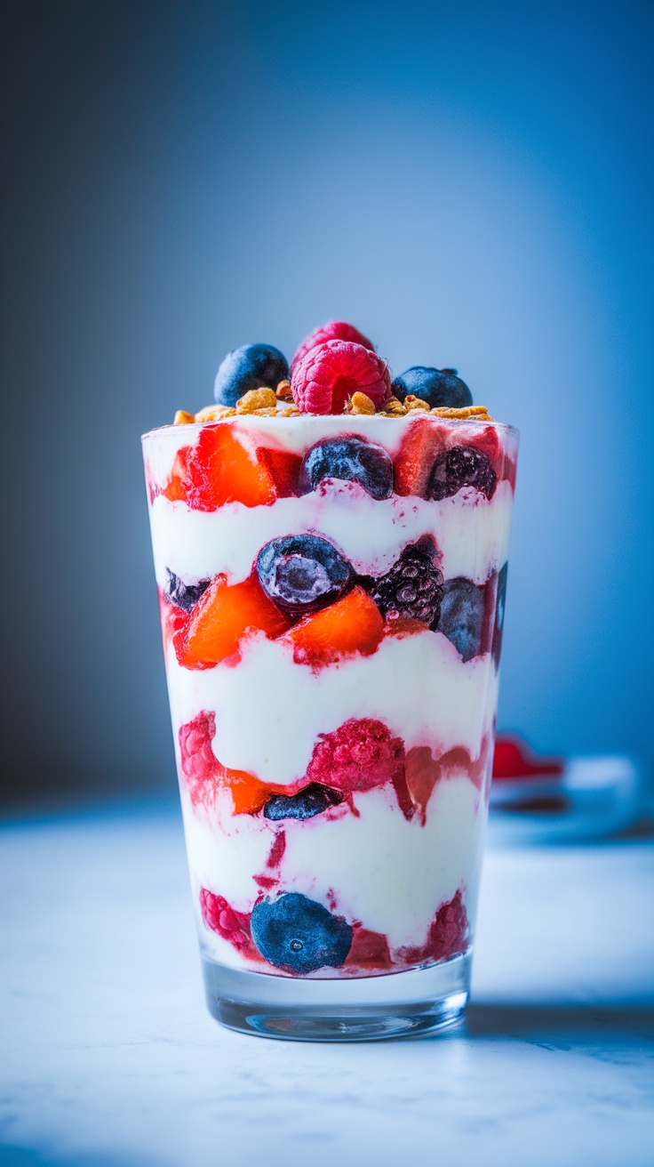A glass filled with layers of yogurt, mixed berries, and granola on top.