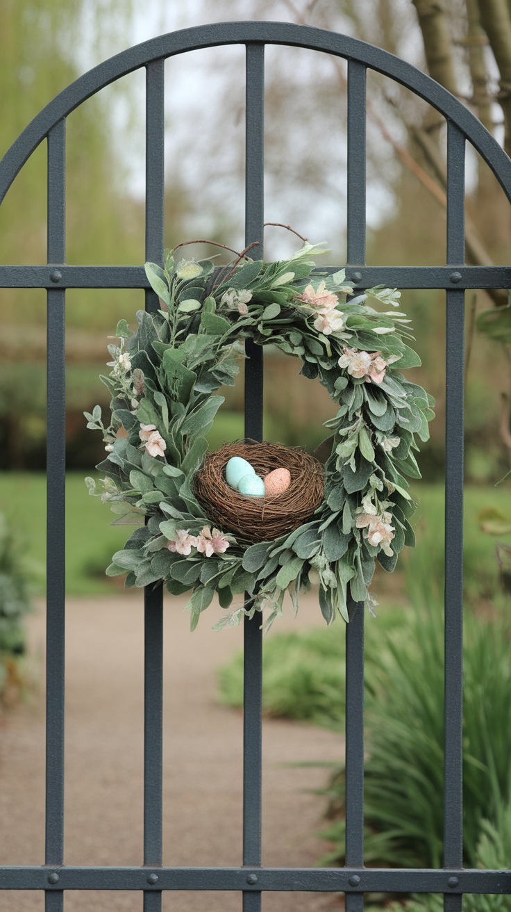 A charming bird nest wreath with pastel-colored eggs, adorned with green foliage and flowers.