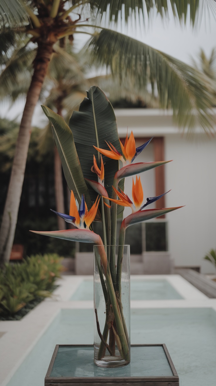 A vibrant Bird of Paradise floral arrangement in a clear vase, surrounded by lush green leaves.