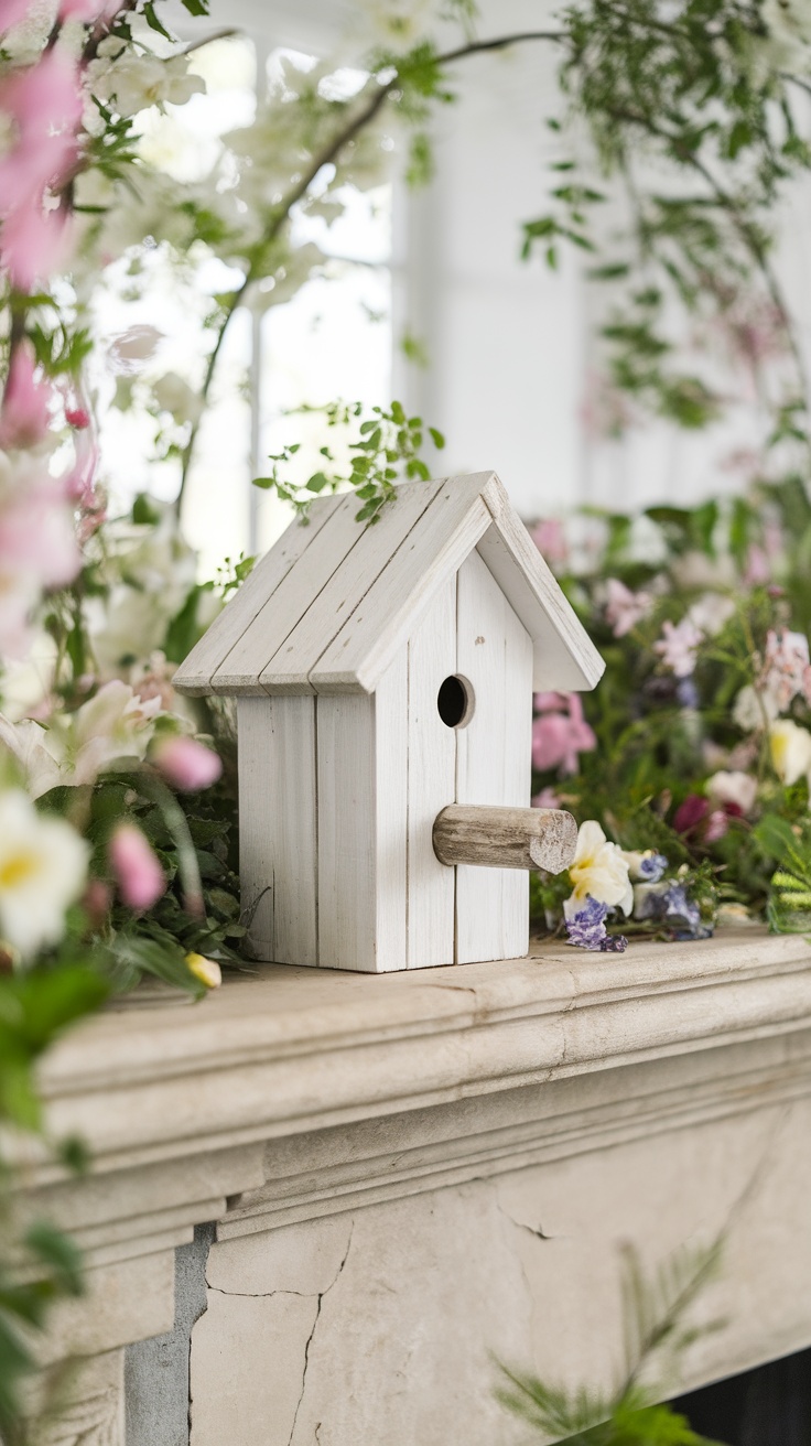 A white birdhouse placed on a mantel surrounded by spring flowers.