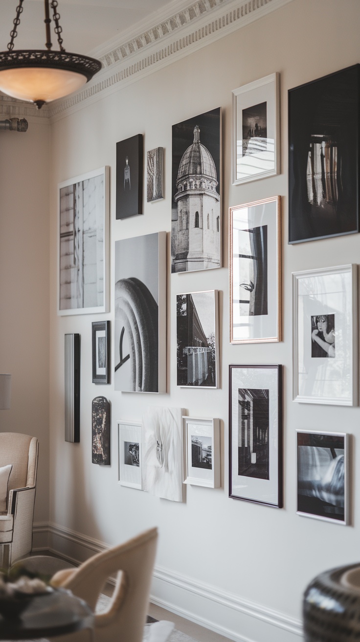 A gallery wall featuring various black and white framed images and artwork.