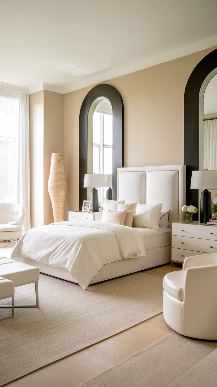 A modern bedroom featuring neutral tones with bold black accents in decor.