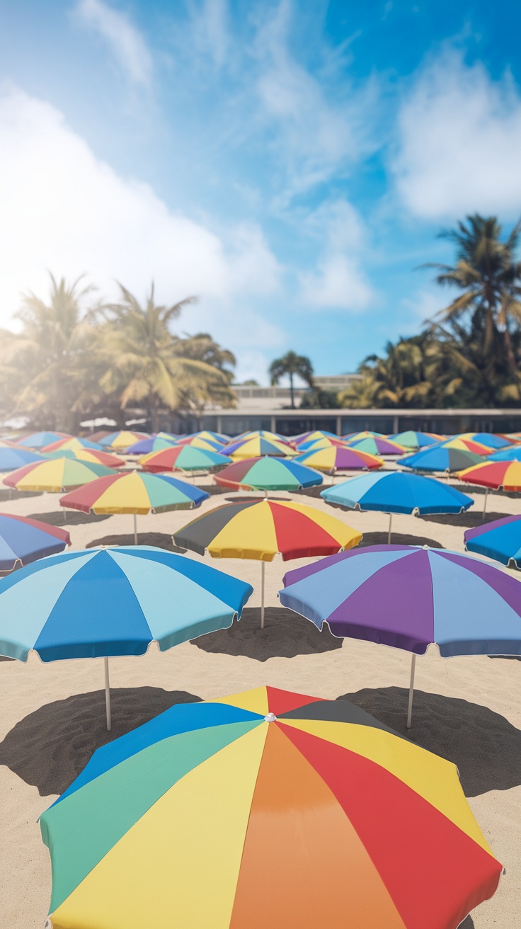 Colorful beach umbrellas on a sunny day at the beach.