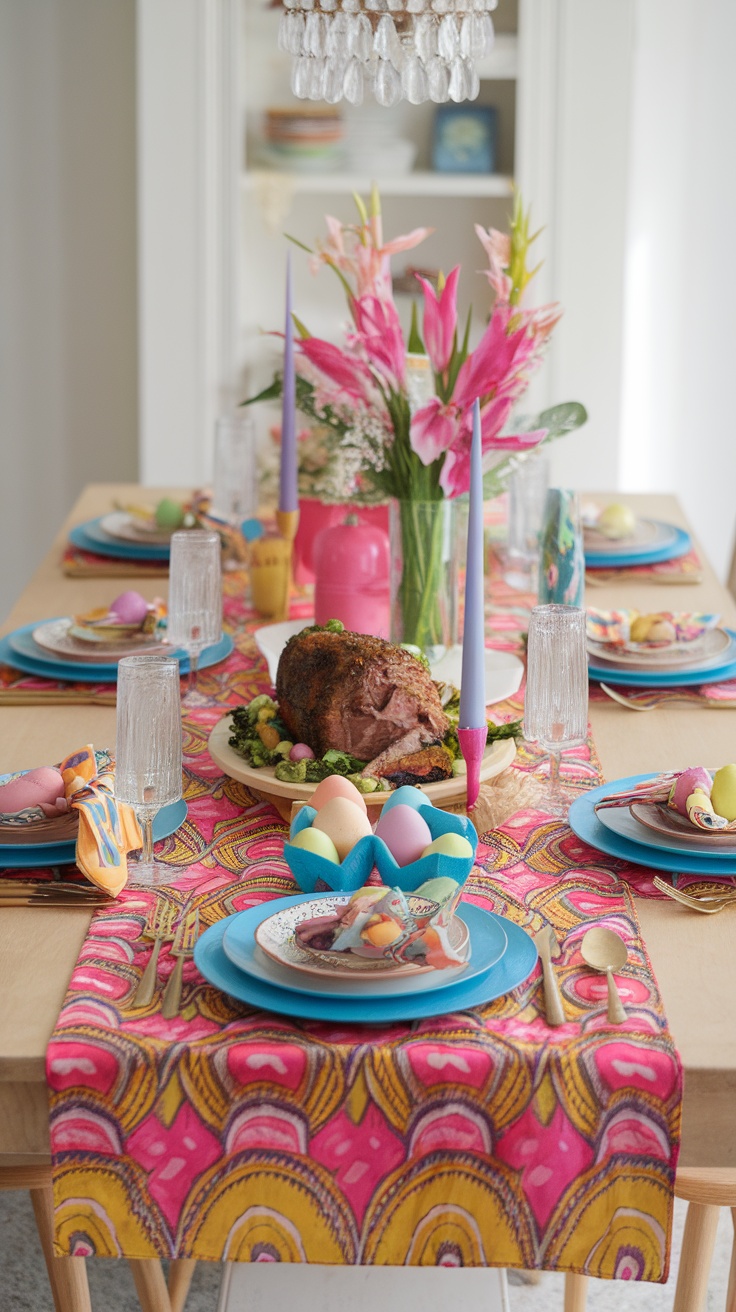 A colorful Easter tablescape with vibrant decorations and flowers.