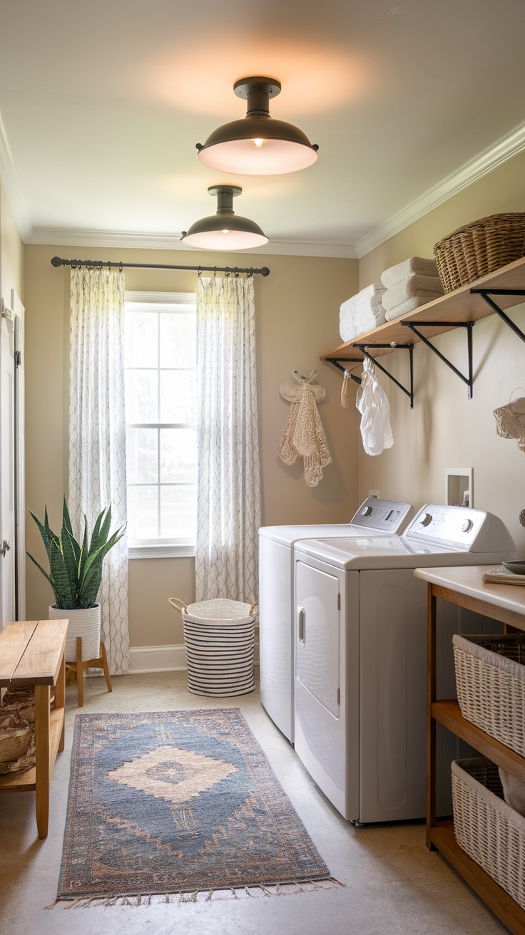 Brightly lit farmhouse laundry room with ceiling fixtures, showcasing a clean and organized space.