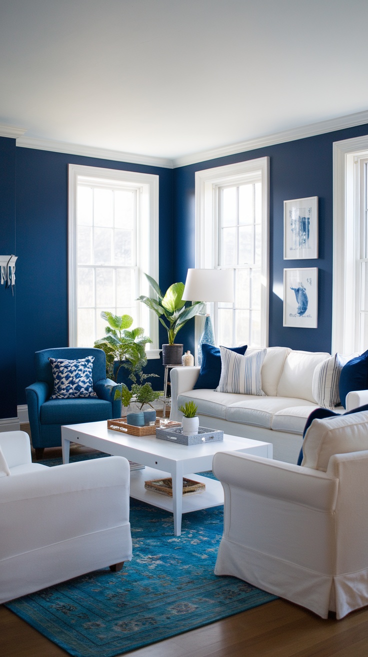 A bright living room with blue walls and white furniture, showcasing nautical accents.