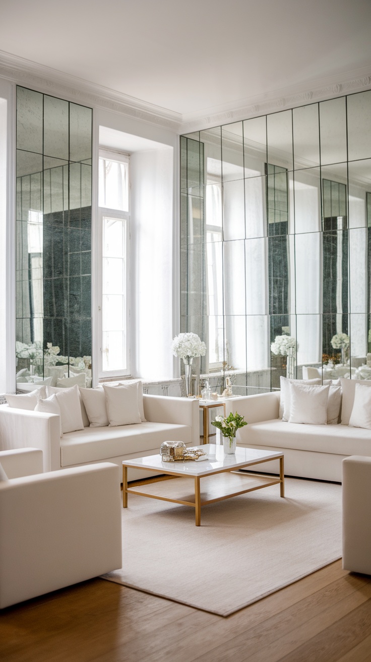 A bright and airy living room featuring mirrors that reflect light and create depth.