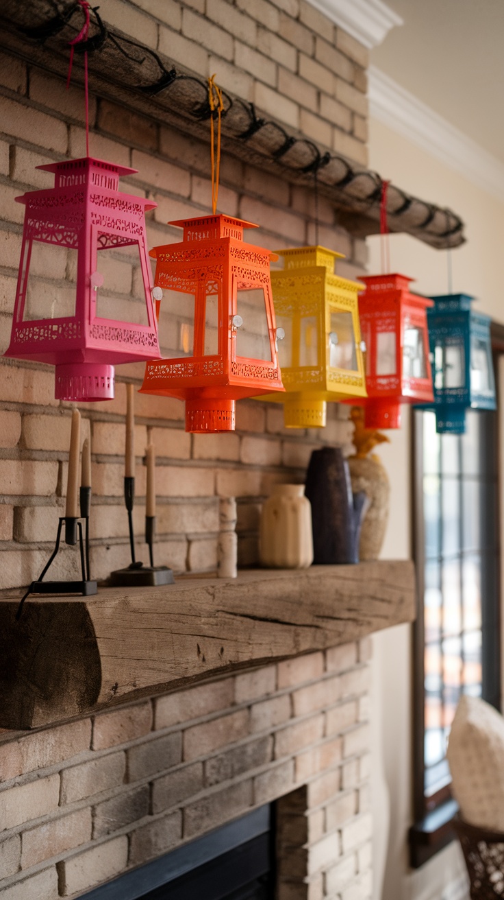 Brightly colored lanterns in pink, orange, yellow, and blue hanging above a mantel.