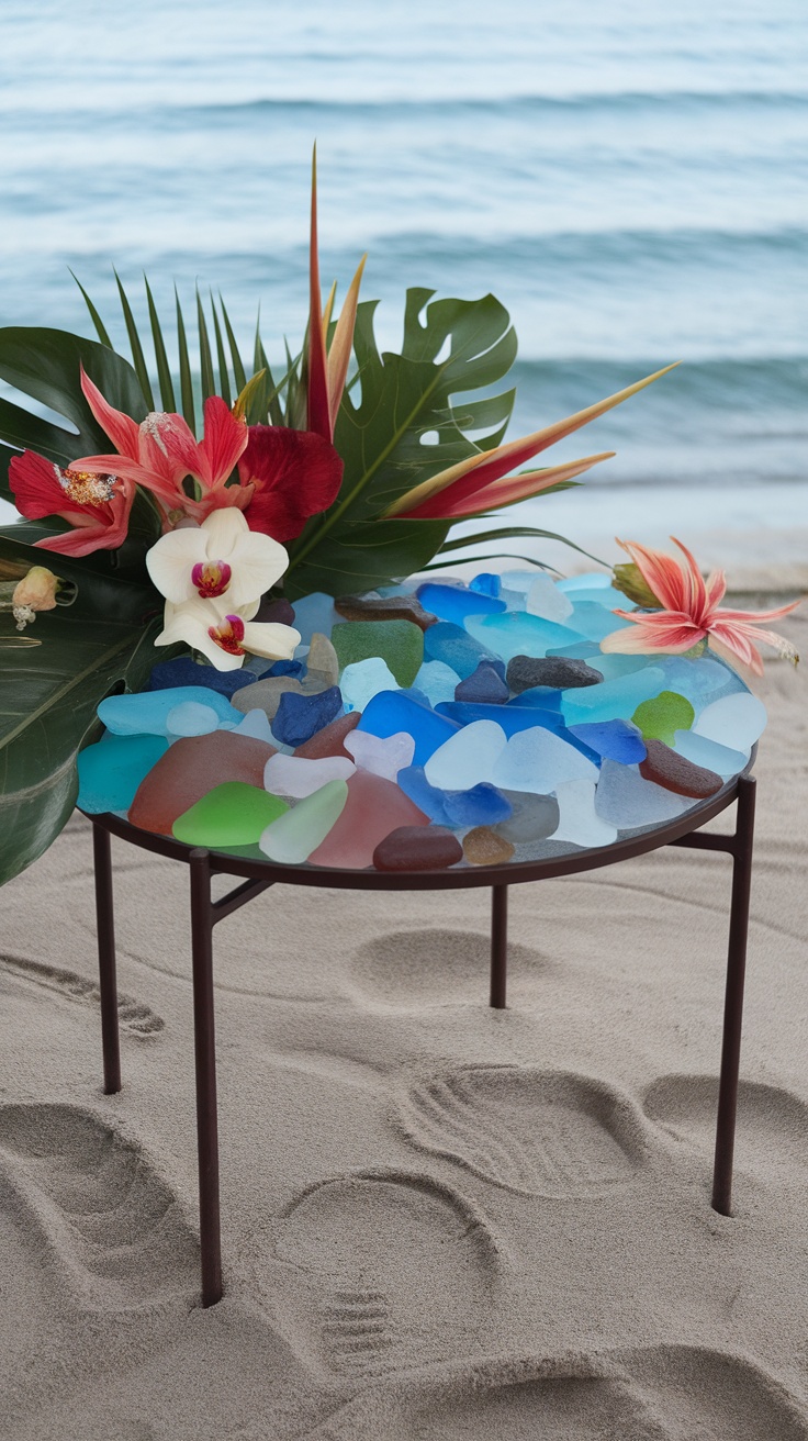 A colorful display of sea glass and tropical flowers on a small table near the beach.