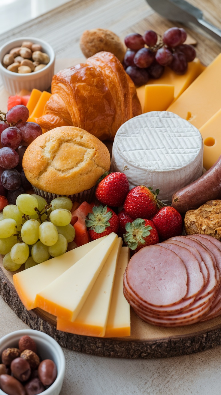 A colorful brunch charcuterie board featuring cheeses, fruits, meats, and pastries.
