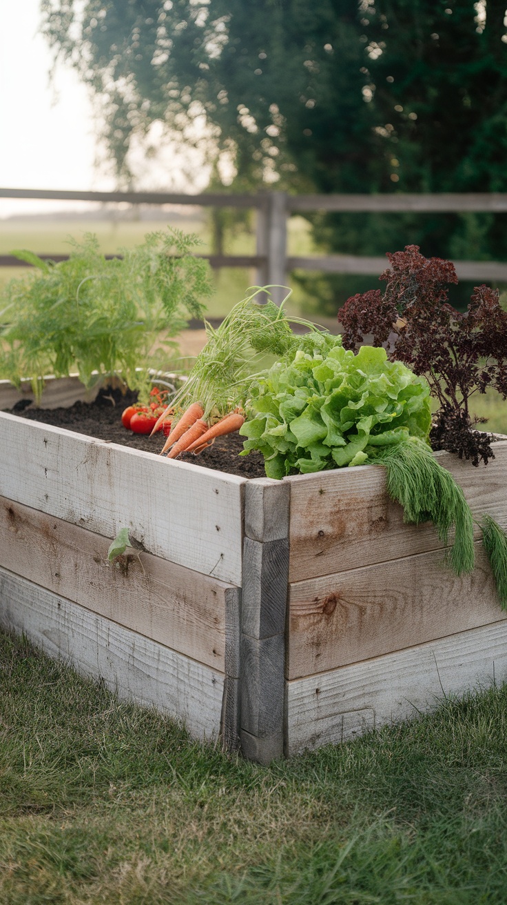 A wooden raised garden bed filled with fresh vegetables and herbs, set in a grassy area.