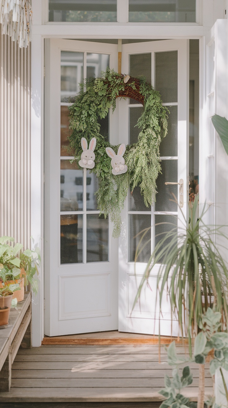 A bunny-themed Easter wreath with green foliage and bunny decorations on a door.