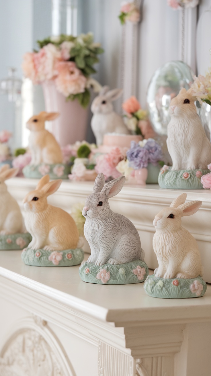 A collection of cute bunny figurines in pastel colors displayed on a mantel with floral accents.