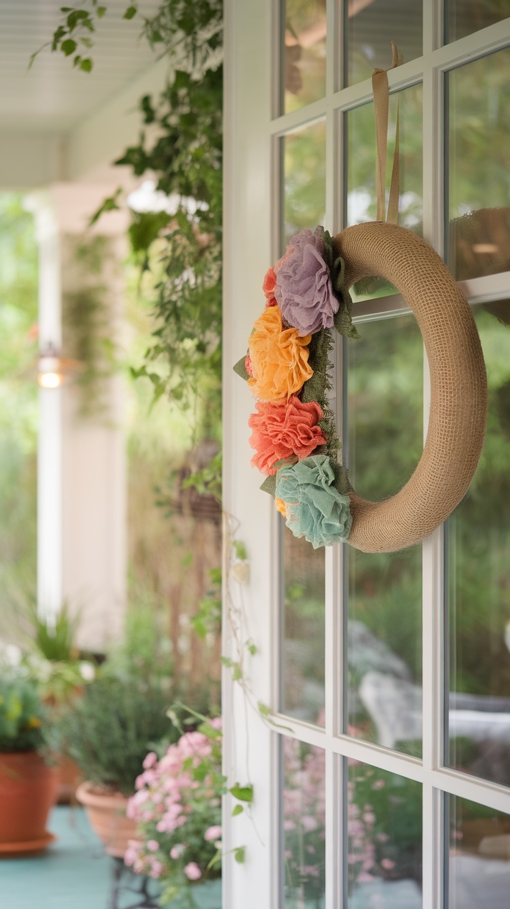 A burlap wreath adorned with colorful fabric flowers, hanging on a door surrounded by greenery.