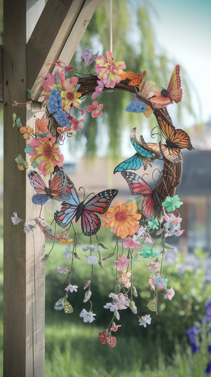 A decorative wreath with colorful butterflies and flowers, perfect for spring.