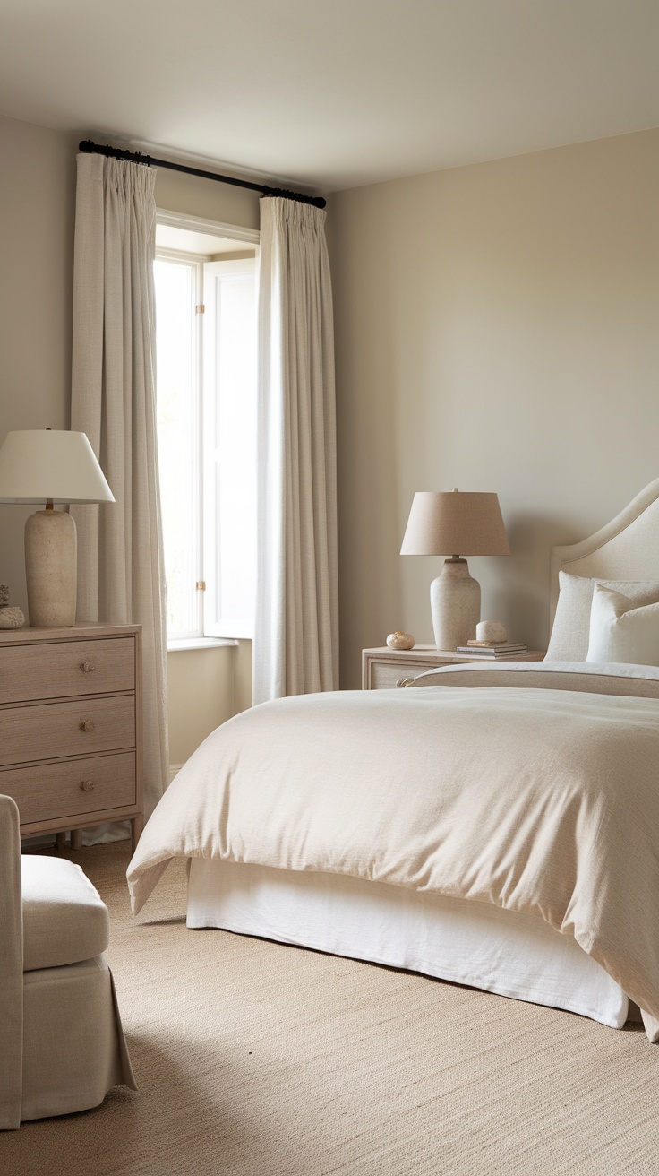 A serene bedroom featuring neutral tones with black accents, showcasing a calm and inviting atmosphere.